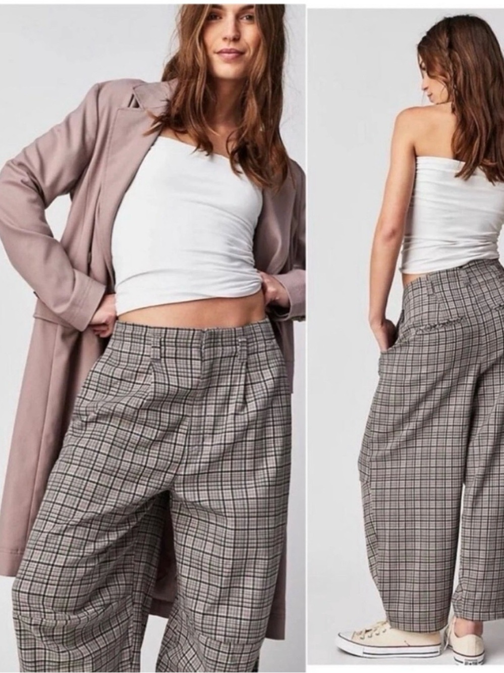 Free People Barrel Plaid Wide-Leg Cropped Trousers in Taupe and Gray